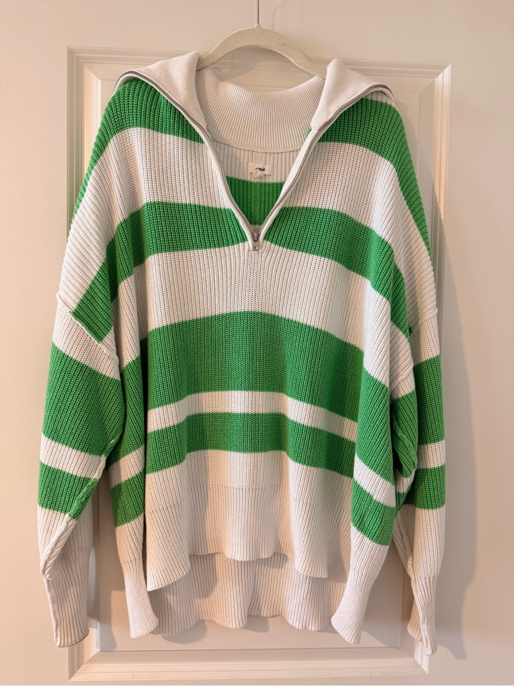 aerie Green & White Striped Half-Zip Knit Sweater